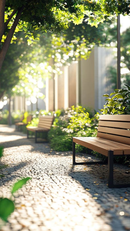 A simple wooden bench sits beside a tall tree, with a calm atmosphere stock images