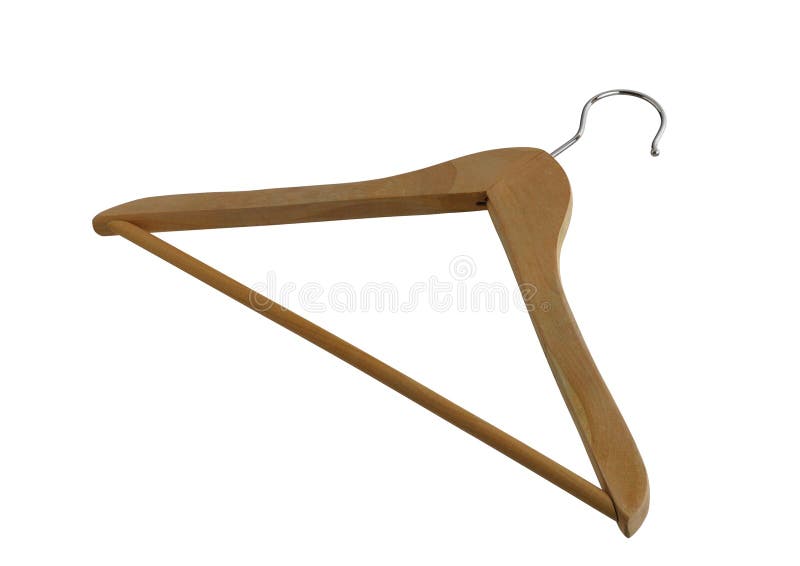 Simple wooden closet hanger with metallic hook stock photo