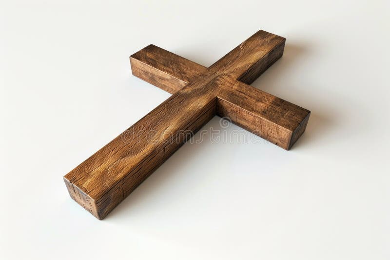A simple wooden cross placed on a clean white surface stock illustration