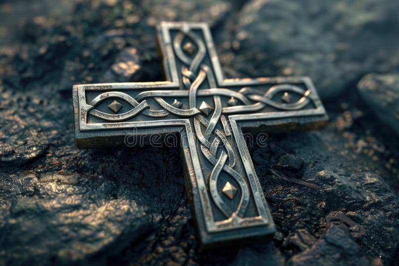 Simple wooden cross on a rocky stone background royalty free stock photo