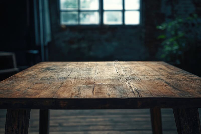 A simple wooden table sits in front of a window, providing a cozy atmosphere stock photography