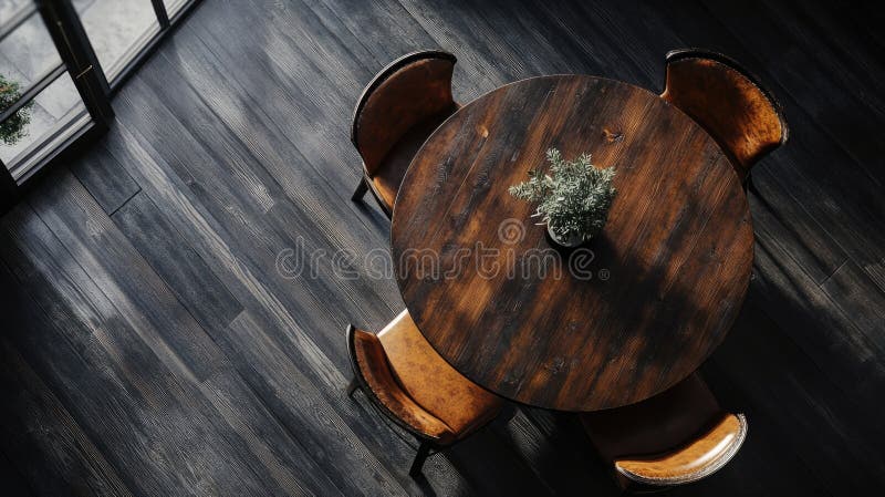 A simple wooden table with a small potted plant sitting on top stock photography