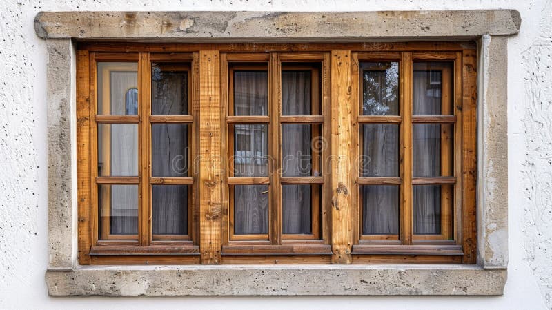 A simple wooden window with curtains on a clean white wall. Suitable for interior design concepts royalty free stock image