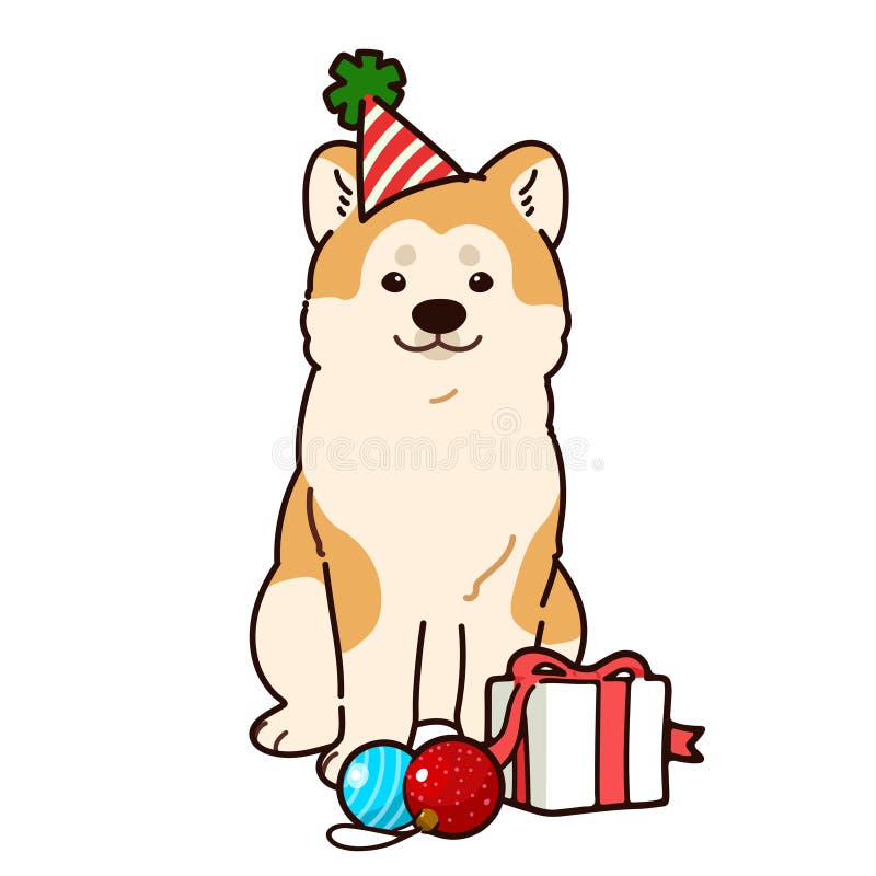 Simple y adorable ilustración de navidad de perro akita delineado stock de ilustración
