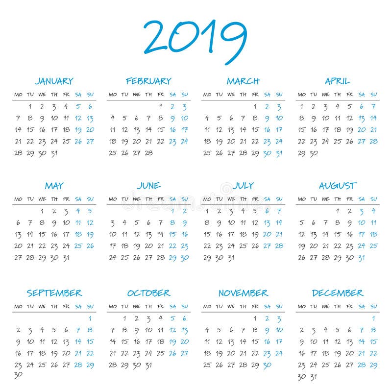 Simple 2019 year calendar stock vector. Illustration of monthly - 78835710