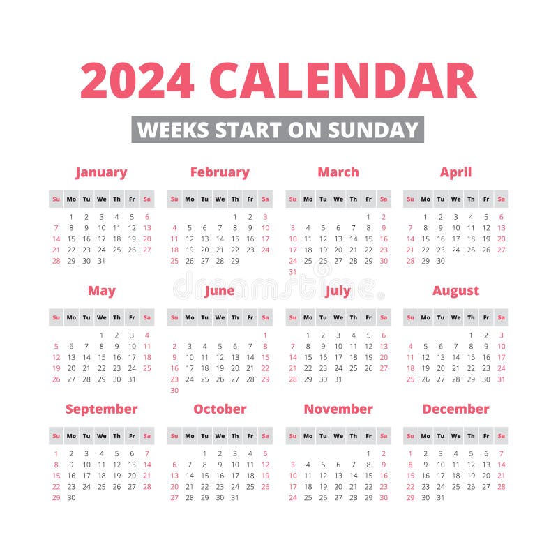 Simple 2024 Year Calendar, Weeks Start on Sunday Stock Vector