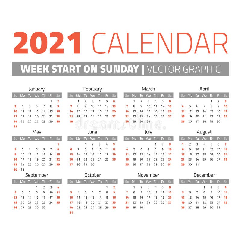 Simple 2021 year calendar stock vector. Illustration of week - 98018323