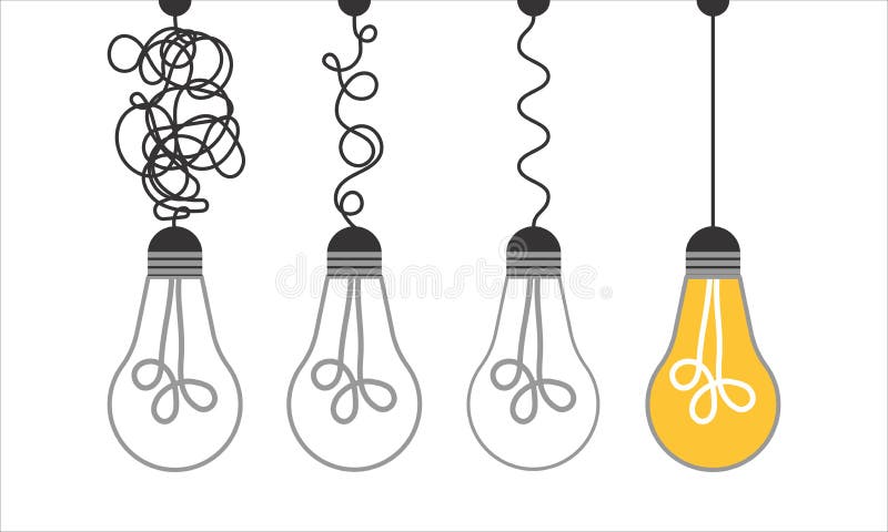 Simplification concept art with light bulb idea. Simple and creative think or search creative idea. Difficulty curve doodle path royalty free illustration