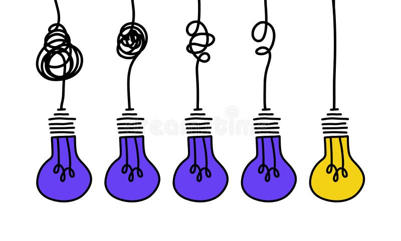Simplification concept art with light bulb idea. Simple and creative think or search creative idea. Difficulty curve doodle path vector illustration