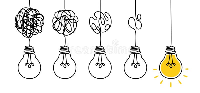 Simplify complex process. Tangled scribble wires with light bulbs from difficult to simple, clarifying idea and complex vector illustration