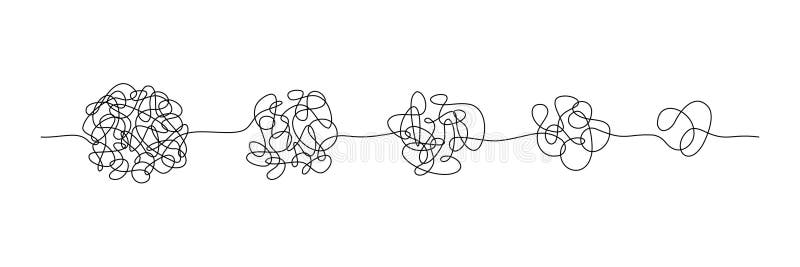 Simplifying process. Easy problem solving, complex to simple. Messy scribble line tangles, chaos transformation, stress reduction royalty free illustration