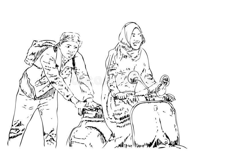 Simplu manual de desen vectorial om schiță împingând lui rupt în jos motocicletă stock illustration