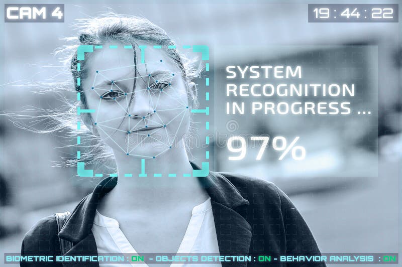 Simulation of a screen of cctv cameras with facial recognition. Facial recognition of a woman. Simulation of a screen of cctv cameras with facial recognition. Facial recognition of a woman