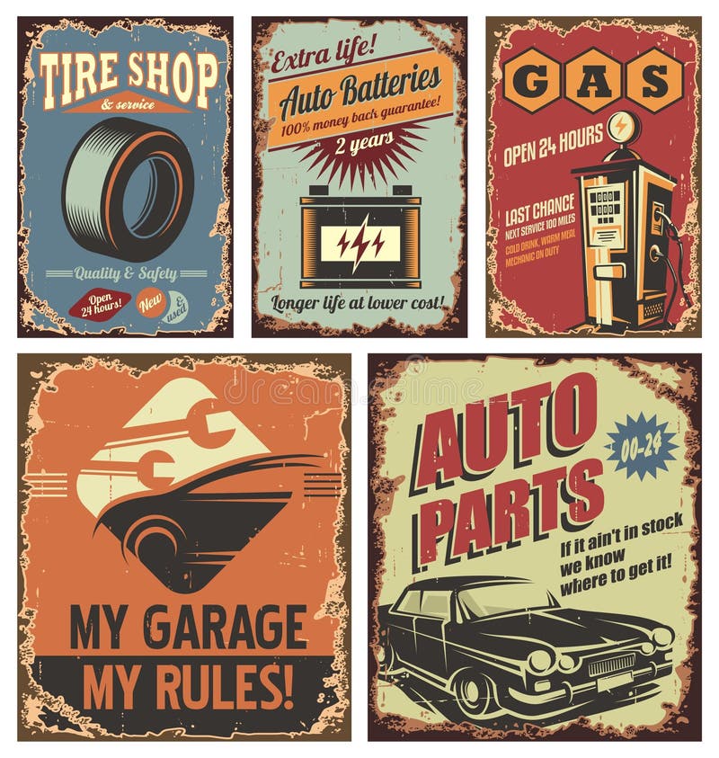 Sinais e cartazes da lata do serviço do carro do vintage no fundo oxidado velho