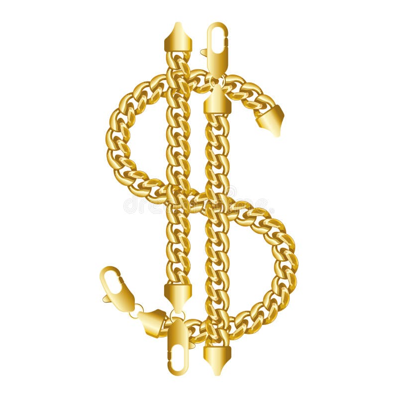 Sinal americano do dinheiro do dólar do ouro feito da corrente dourada grossa brilhante ilustração do vetor Sinal americano do dinheiro do dólar do ouro feito da corrente dourada grossa brilhante ilustração do vetor