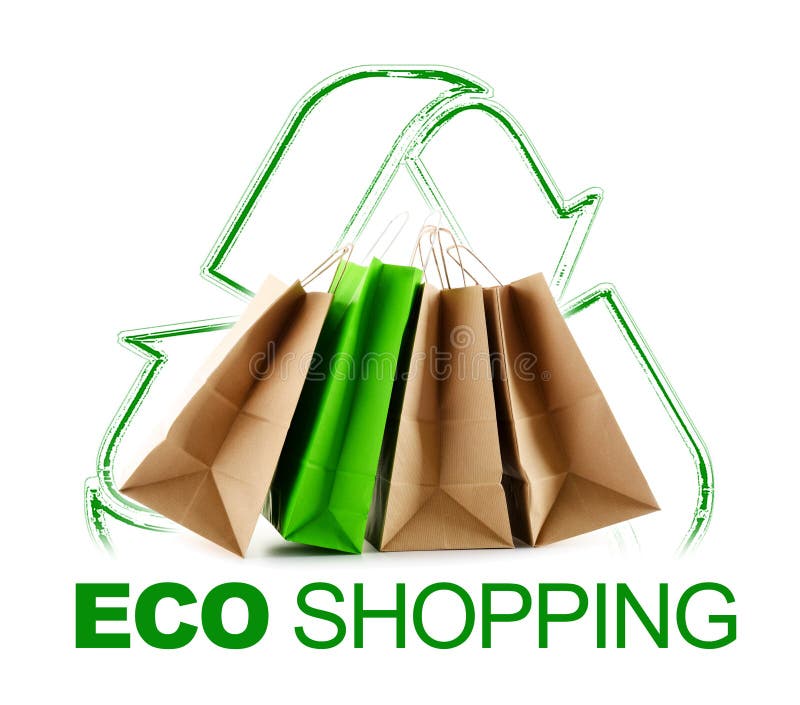 Sinal da compra de Eco com os sacos de papel isolados no branco foto de stock Sinal da compra de Eco com os sacos de papel isolados no branco foto de stock