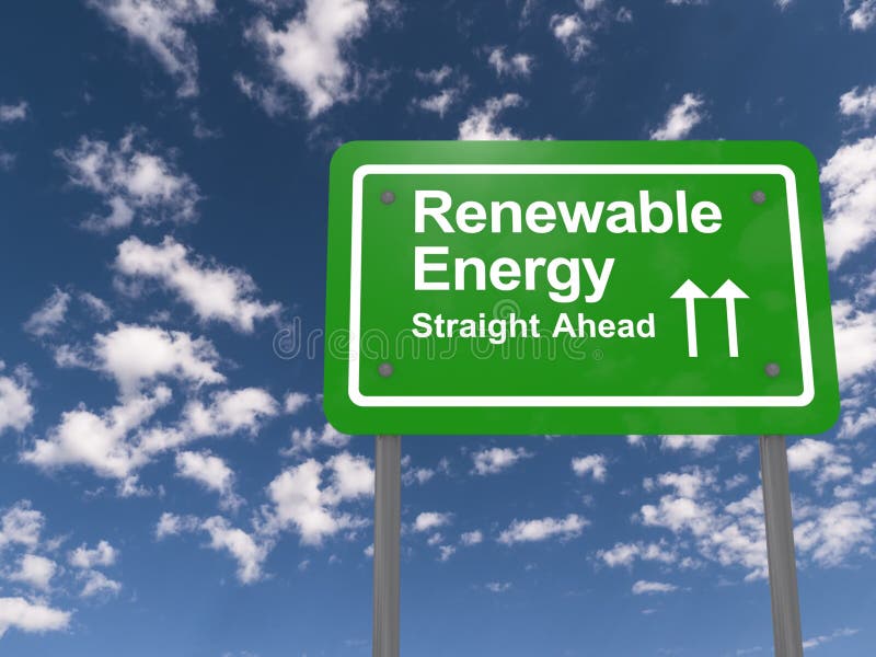 Green renewable energy straight ahead sign with arrows. Blue sky and cloud background. Green renewable energy straight ahead sign with arrows. Blue sky and cloud background