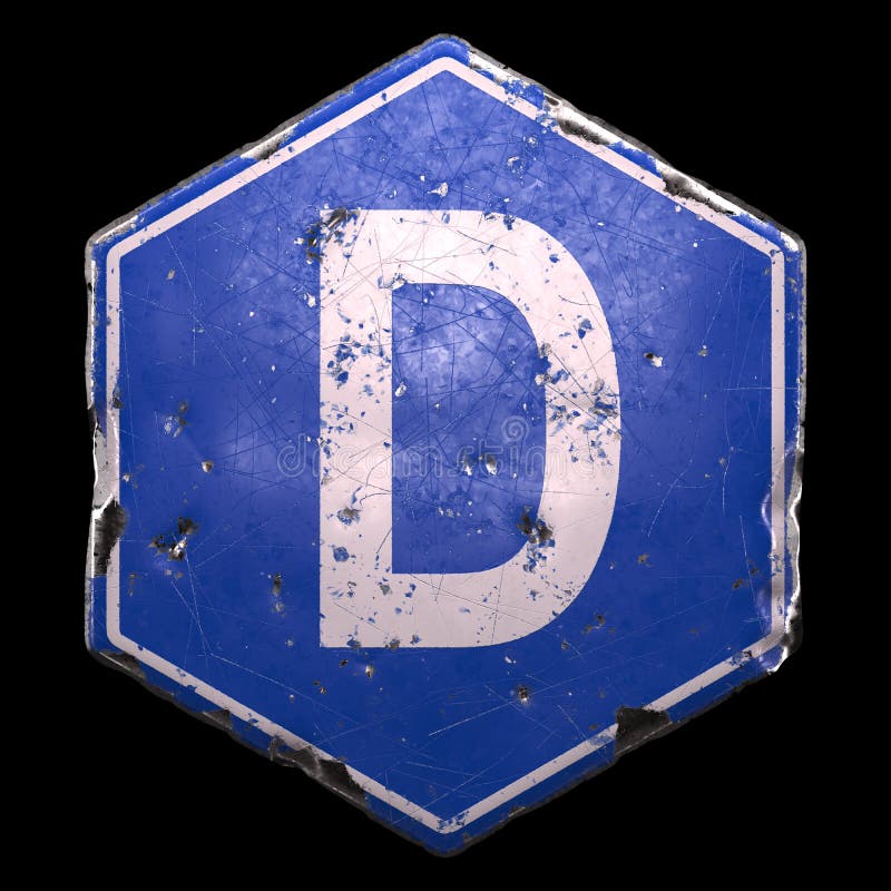 Public road sign in blue color with a capitol white letter D in the center isolated black background. 3d rendering. Public road sign in blue color with a capitol white letter D in the center isolated black background. 3d rendering