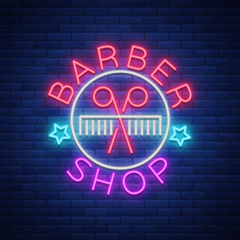 Sinal de néon do logotipo da barbearia, elementos do projeto do logotipo Pode ser usado como um encabeçamento ou um molde para lo ilustração do vetor Sinal de néon do logotipo da barbearia, elementos do projeto do logotipo Pode ser usado como um encabeçamento ou um molde para lo ilustração do vetor