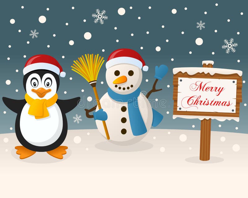 Sinal do Natal - pinguim & boneco de neve bonito ilustração stock Sinal do Natal - pinguim & boneco de neve bonito ilustração stock