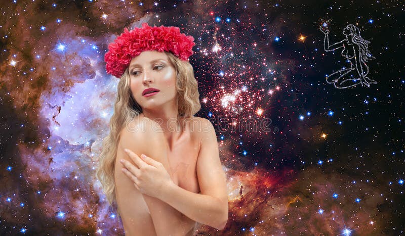 Virgo Zodiac Sign. Astrology and horoscope concept, Beautiful woman Virgo on the galaxy background. Virgo Zodiac Sign. Astrology and horoscope concept, Beautiful woman Virgo on the galaxy background