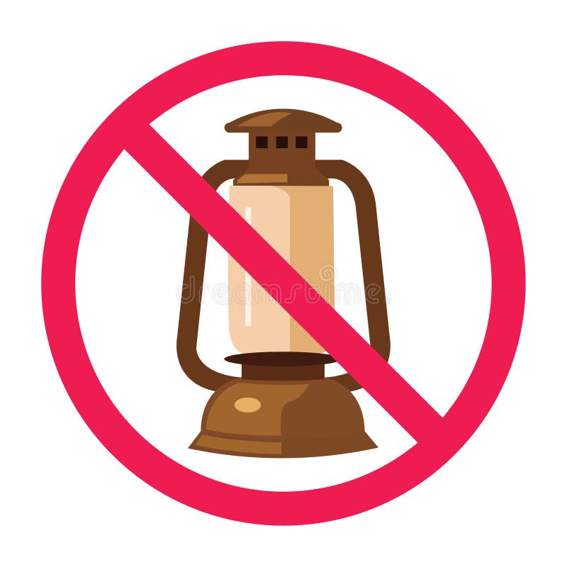 Sinal proibido com ícone de lâmpada de querosene sem lanterna de querosene permitida para o cartaz antigo da lâmpada de óleo símbo ilustração royalty free