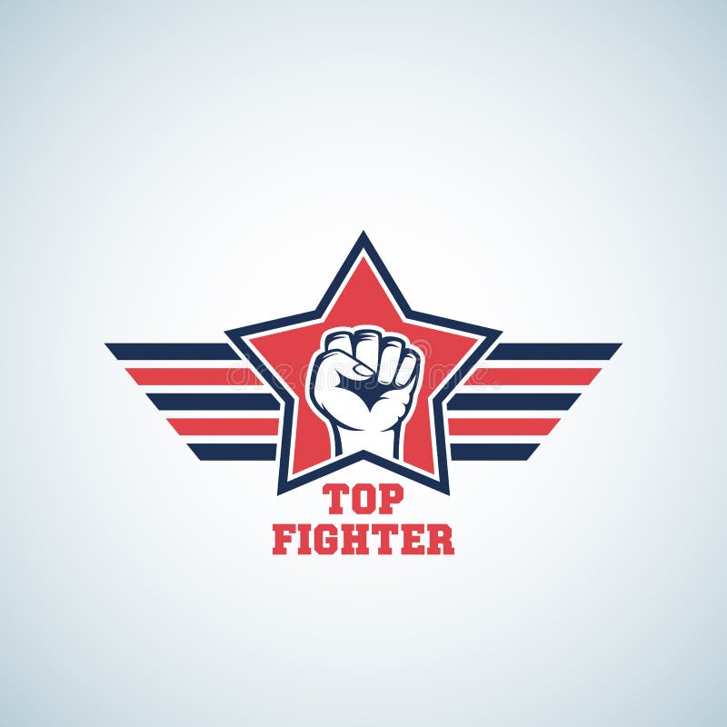 Sinal, símbolo, ícone ou Logo Template superior do vetor do sumário do lutador Punho impressionante na estrela vermelha com asas ilustração stock Sinal, símbolo, ícone ou Logo Template superior do vetor do sumário do lutador Punho impressionante na estrela vermelha com asas ilustração stock