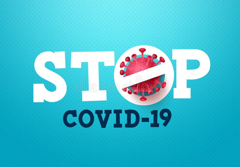 Sinal vetorial do coronavírus stop covid19. parar texto do código19 com ícone do vírus corona no plano de fundo azul