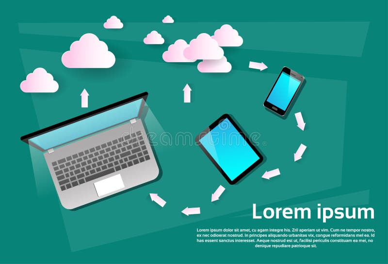 Sincronizare a datelor din baza de date în cloud cu celule inteligente pentru telefoane inteligente pentru computere de tip laptop stock illustration