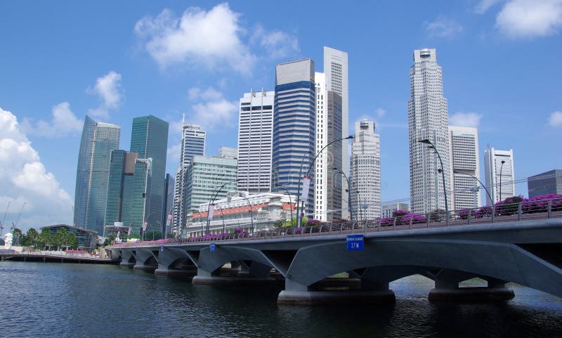 The Singapore city skyline around Marina Bay, with the Esplanade Bridge in the foreground.
