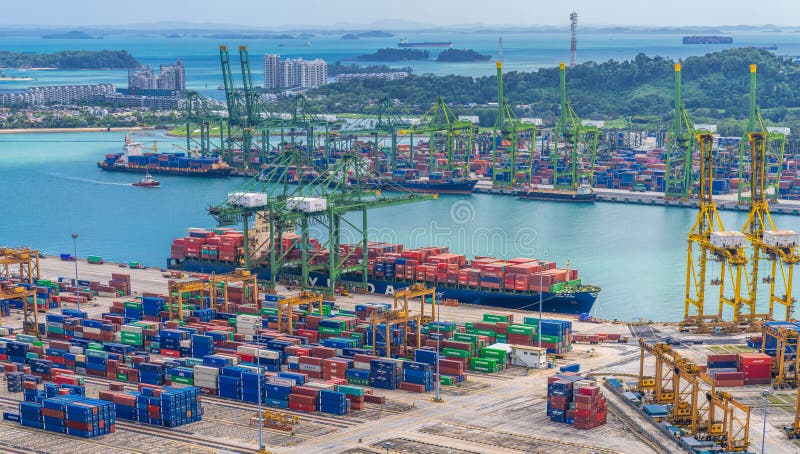SINGAPORE-JANUARY 24,2020:Commercial port of Singapore. busiest Asian cargo port with hundreds of ships loading export and import royalty free stock image SINGAPORE-JANUARY 24,2020:Commercial port of Singapore. busiest Asian cargo port with hundreds of ships loading export and import royalty free stock image