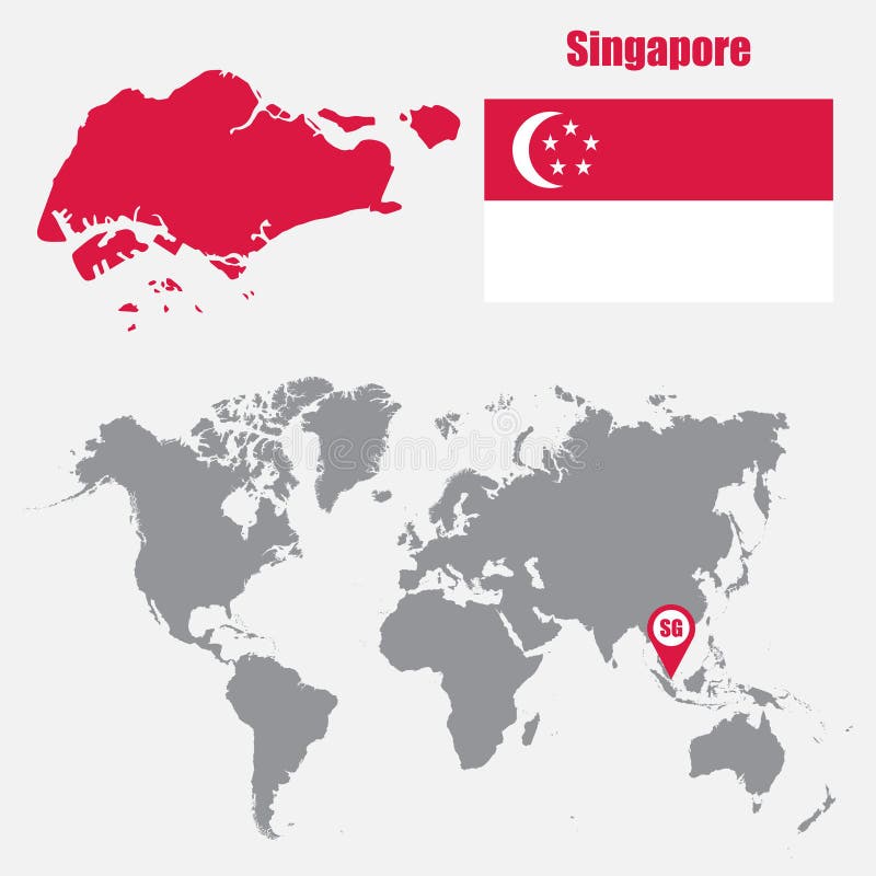 Singapur Karte Auf Einer Weltkarte  Mit Flaggen Und 