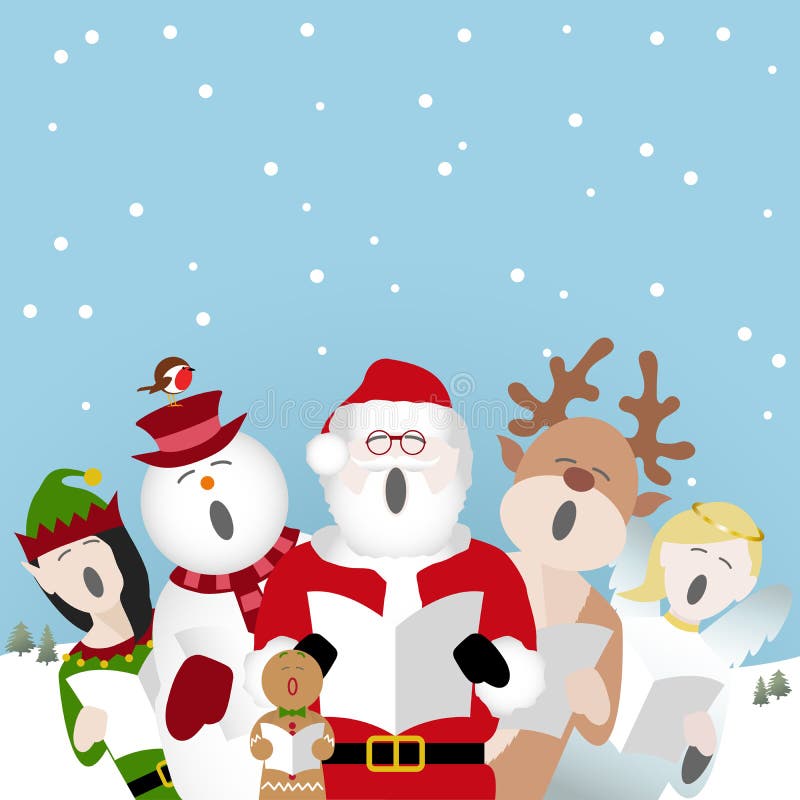 Snowman, father Christmas, gingerbread man, reindeer, elf and fairy characters singing Christmas carols in the snow. Snowman, father Christmas, gingerbread man, reindeer, elf and fairy characters singing Christmas carols in the snow