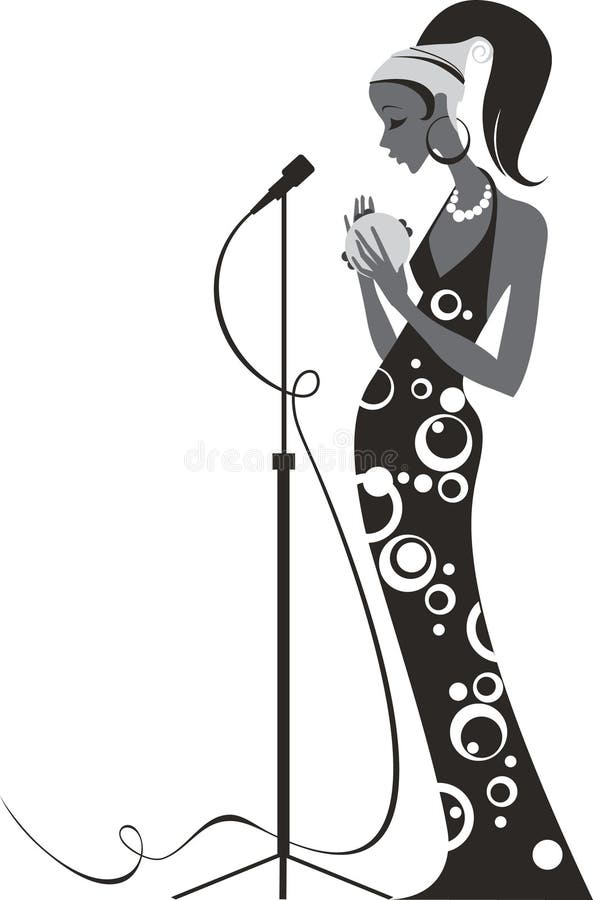 Beautiful jazz singer in elegant dress holding a tambourine. Wire silhouette vectors