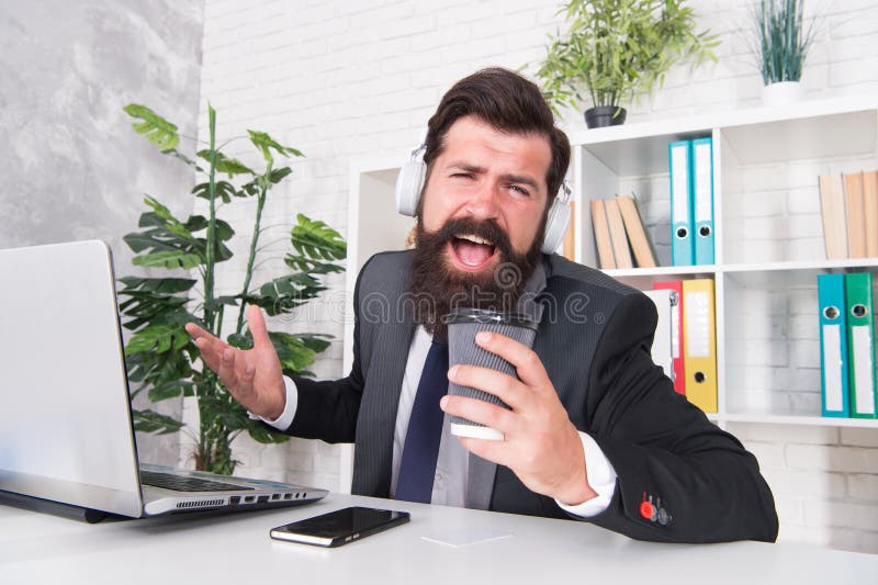 Singer or Manager. Office Manager Sing Karaoke Using Coffee Cup