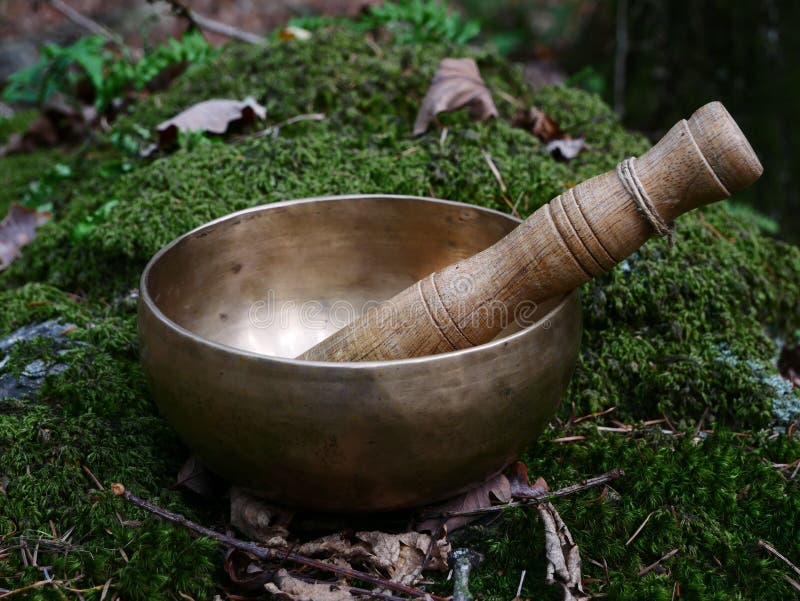 Singing Bowl on a Rock with Moss and Some Dead Leaves Stock Photo
