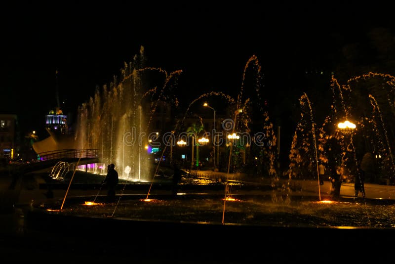 Singing and Dancing Fountains on Batumi Boulevard at Night Stock Photo