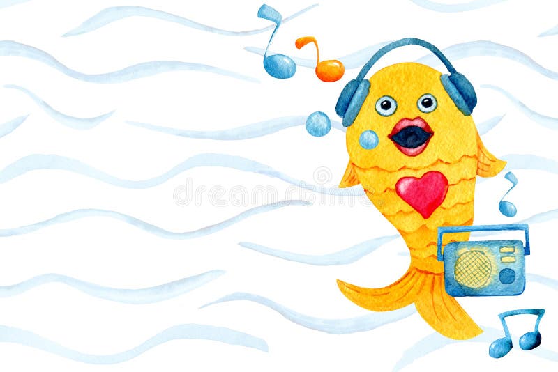 Singing and Dancing Goldfish. Cartoon Character in Watercolor Stock  Illustration - Illustration of hand, cartoon: 155796508