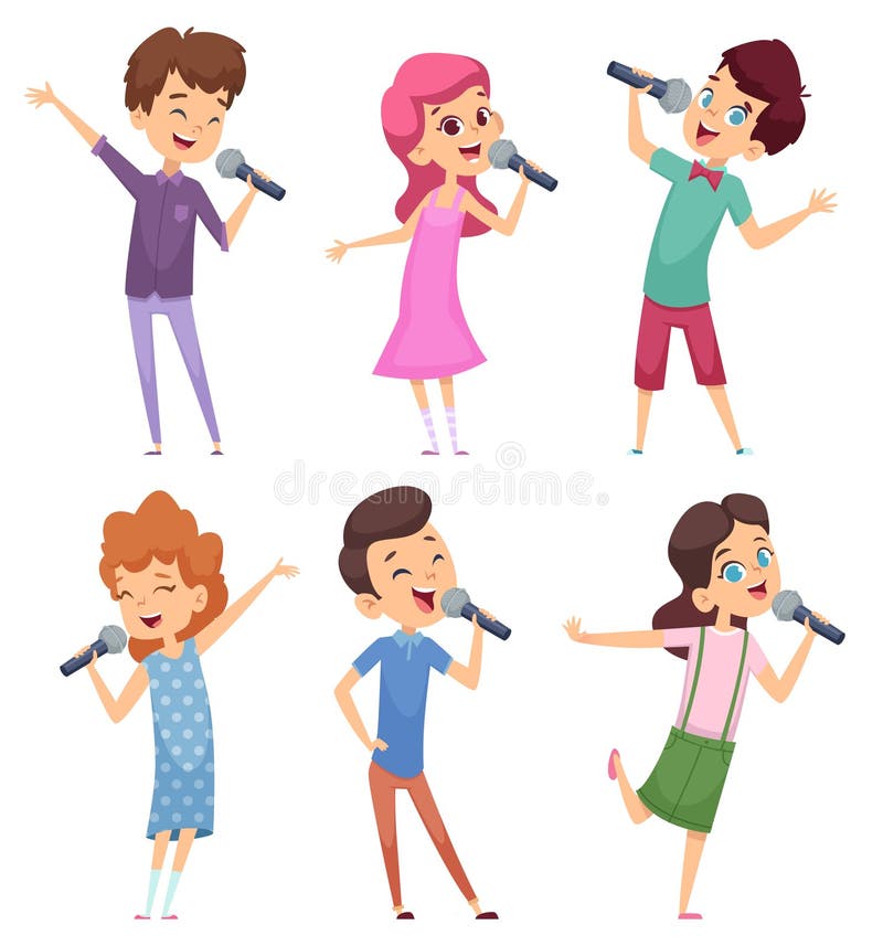 Singing kids. Happy cute childrens music voice study boys and girls standing with microphone vector characters stock illustration Singing kids. Happy cute childrens music voice study boys and girls standing with microphone vector characters stock illustration