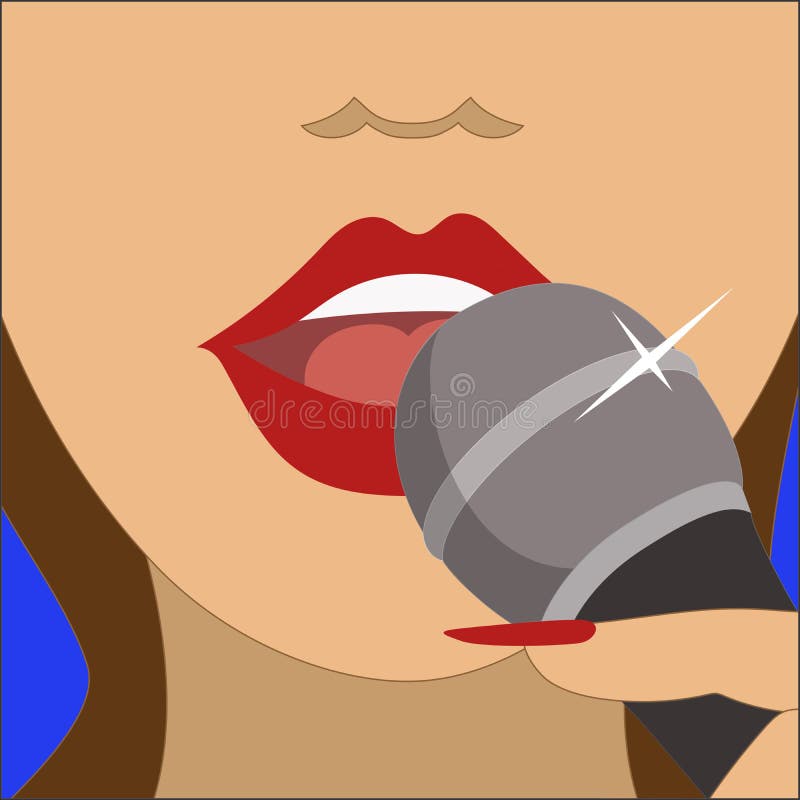 Singing pretty woman with microphone. Woman singing vectors