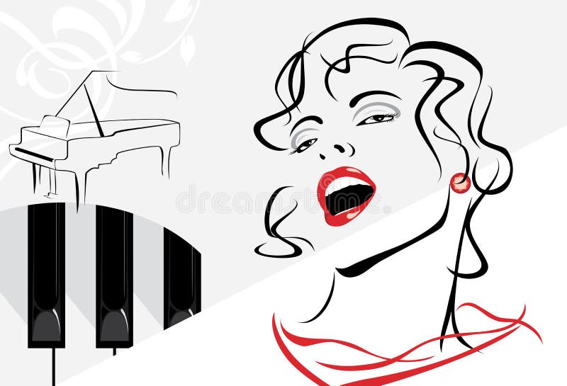 Singing woman on the retro background with piano. Illustration. Woman singing vectors