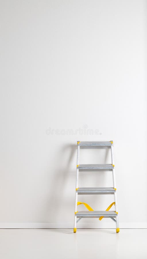 Single aluminum folding metal step ladder leaning against white plaster wall royalty free stock image Single aluminum folding metal step ladder leaning against white plaster wall royalty free stock image