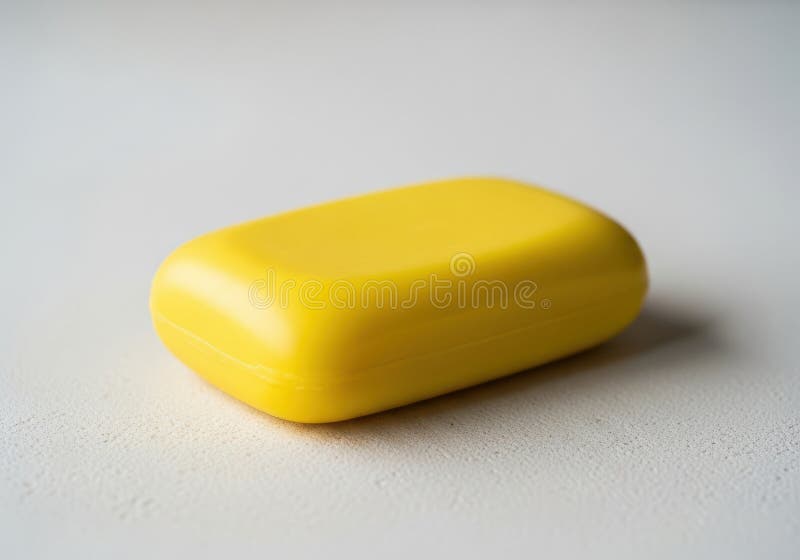 A single bar of bright yellow soap on a light gray surface royalty free stock images