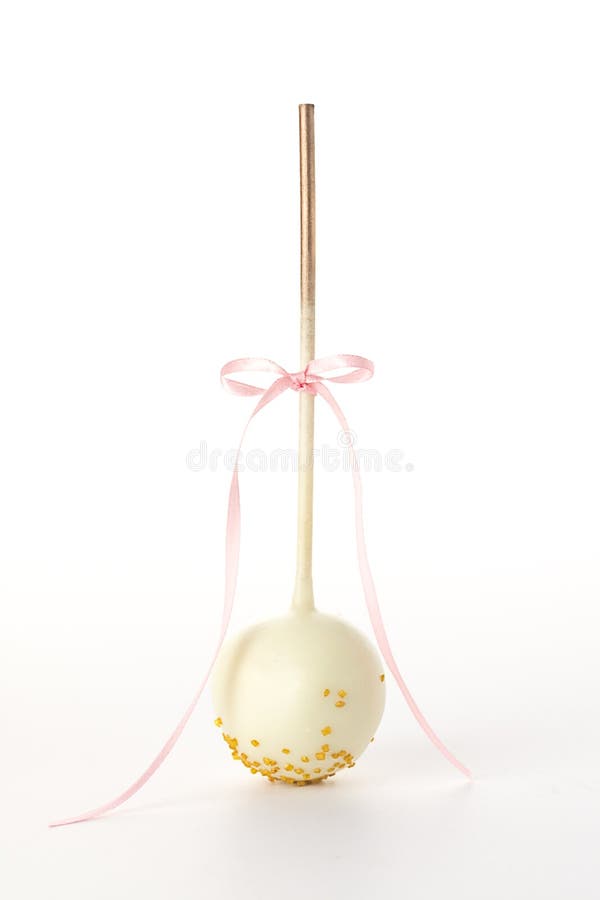 Single Cake Pop Decorated with Gold Sprinkles and a Ribbon on a White