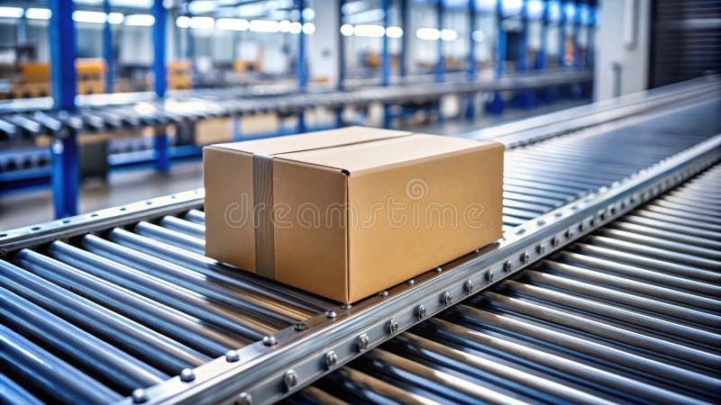 A single cardboard box travels on a modern automated roller conveyor system in a warehouse facility. Generative AI stock illustration