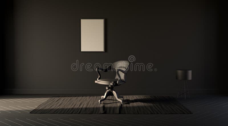 Single chair and single frame in Dark room with  floor lamp and carpet. Black background. 3D rendering