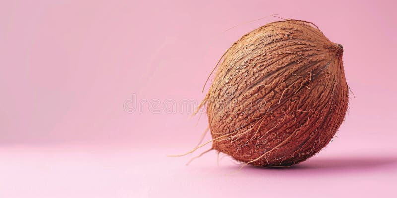A single coconut placed on a pink surface. Perfect for tropical themes stock photography