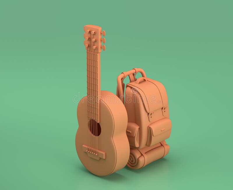 Single color backpack and guitar in green background, 3d rendering, yellow camping objects, hippie royalty free illustration