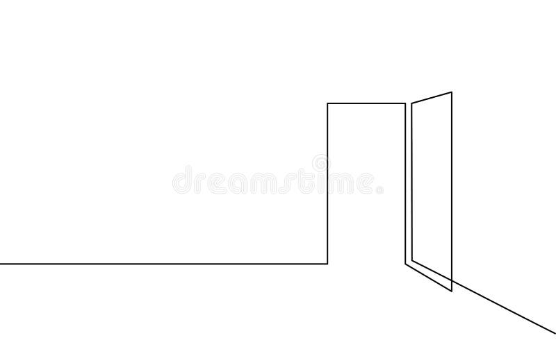 Single continuous line art opened door. New opportunity problem solution concept. Creative teamwork banner design. One royalty free illustration