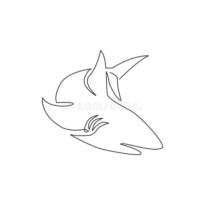 Single continuous line drawing of aggressive shark for nature adventure company logo identity. Wildlife sea fish animal concept